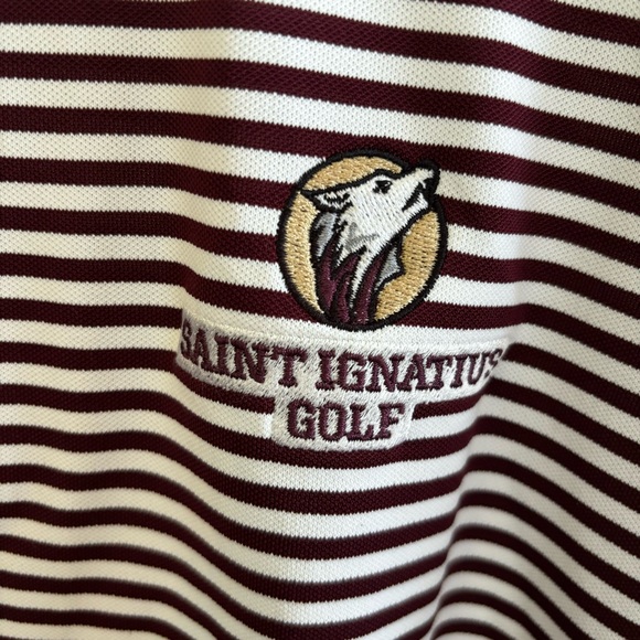 Peter Millar Summer Comfort Maroon Stripe Golf Polo Shirt Men L Saint Ignatius - Picture 3 of 7